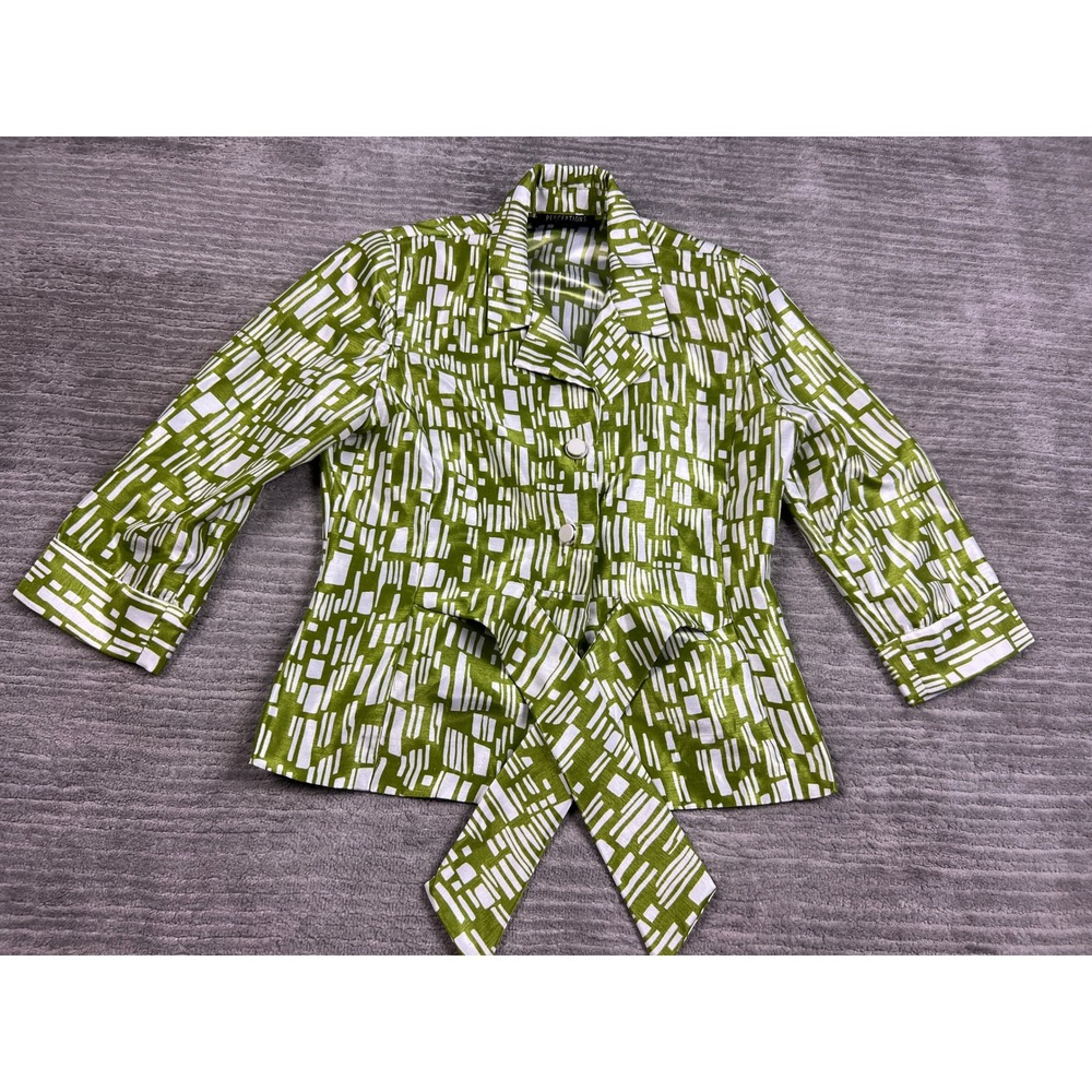 Perceptions Blazer Womens 8 Green Abstract Print Button Up Belted 3/4 Sleeve Top